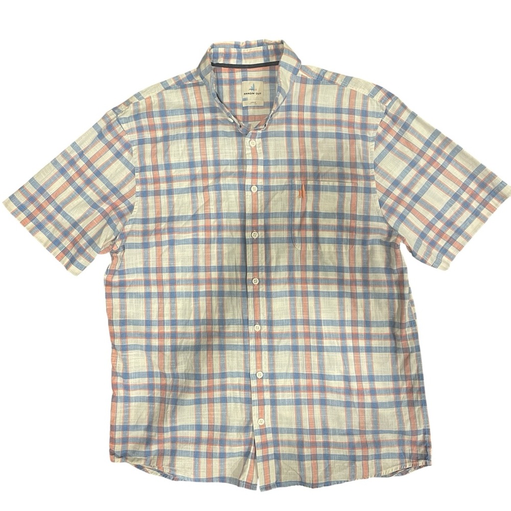 johnnie-O Hangin’ Out Short Sleeve Button Down Mens Large Blue/Pink